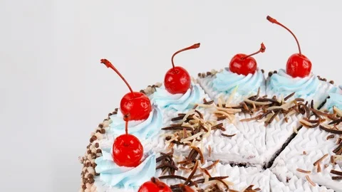 Black Forest cake (gateau), a chocolate sponge cake with a rich cherry filling Stock Footage 87174624