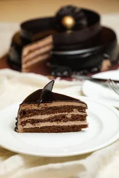 Black Forest Cake slice include chocolate chip, fork, sugar baked served in.. Stock Photos