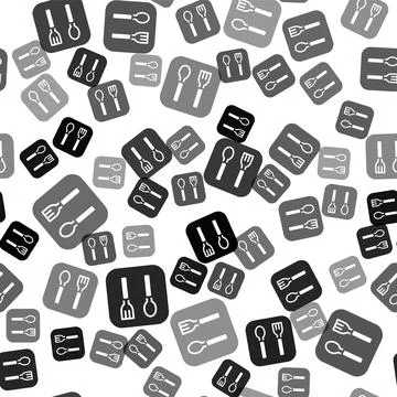 Black Fork and spoon icon isolated seamless pattern on white background. Cooking Illustrazione stock
