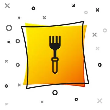 Black Fork icon isolated on white background. Cutlery symbol. Yellow square Illustrazione stock