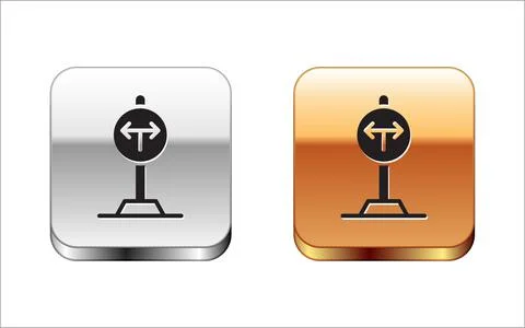 Black Fork in the road icon isolated on white background. Silver and gold square Stock Illustration