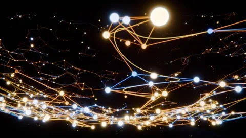 Black frame breaking into amber or blue nodes sparking network building on Stock Footage 337141189