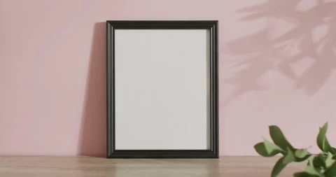Black frame with copy space on white background and shadow of leaf against pink Stock Footage 331246166