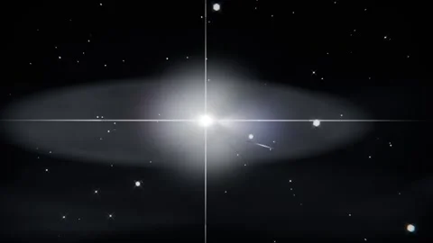 Black frame fading, revealing torus and flaring star in virtual space, crosshair Stock Footage 337964631