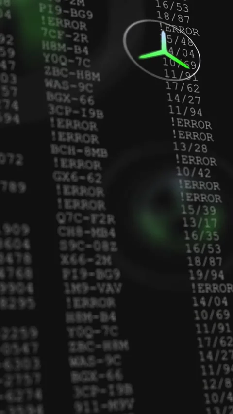 Black frame shifting into code on tech screen, blue bar marking !ERROR, HUD orb Video stock 332747894
