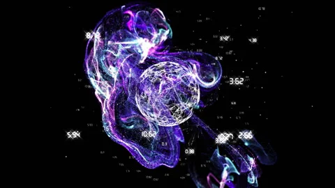 Black frame showing wireframe orb forming data points drifting and plasma Stock Footage 311699422