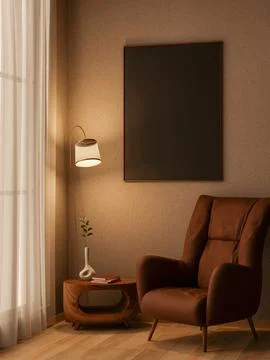 Black frame on wall over brown armchair and table on wooden floor aside lam.. Stock-Illustration