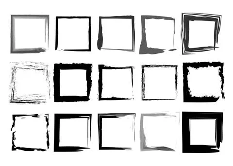 Black frames set, square shaped old grungy border in paint brush stroke style Stock Illustration