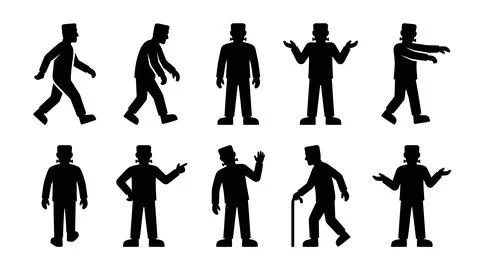 Black frankenstein silhouette set with various monster poses for halloween .. Stock Illustration