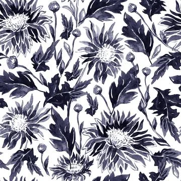 Black freehand ink seamless pattern with two-toned Chrysanthemum. Stock Illustration