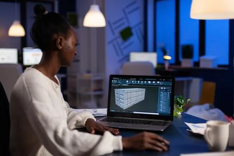 Black freelancer architect working in 3D software container Stock Photos