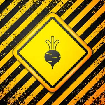 Black Fresh beet with leaf icon isolated on yellow background. Natural Root Illustrazione stock