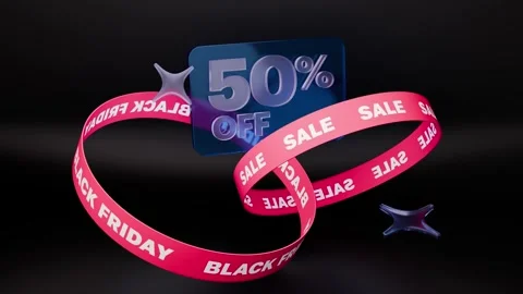 Black Friday, 50% off. 3D Animation Concept with rotating round red ribbons Stock Footage 336199739
