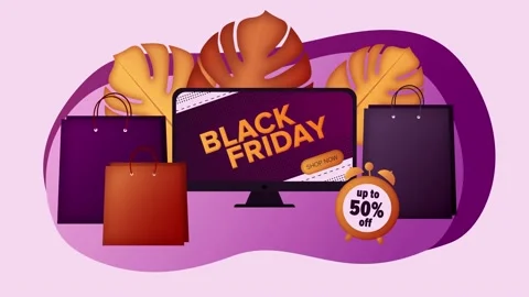 Black Friday Animation 4K with computer, autumn leaves, shopping packages and Stock Footage 142922371