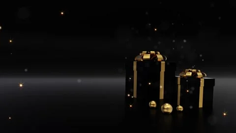Black Friday background. Black box with gold ribbon and particles. Stock Footage 164470024