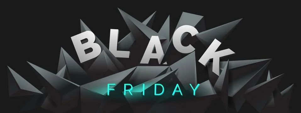 Black Friday banner with 3d render, abstract black crystal background, faceted Stock-Illustration