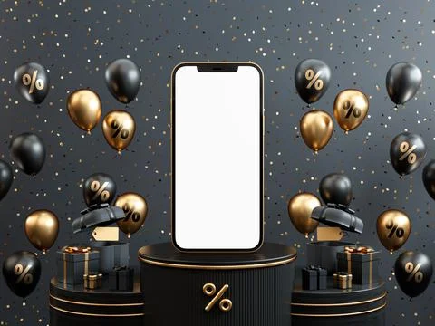Black Friday banner background with mobile phone blank screen mockup, balloon Stock Illustration