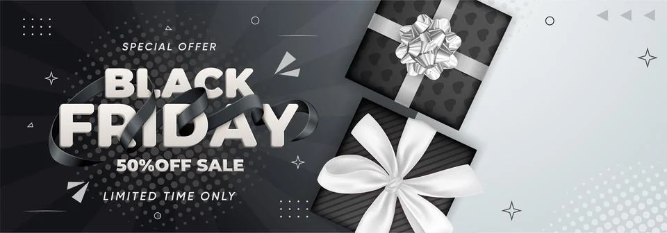 Black Friday banner featuring realistic black gift boxes Stock Illustration