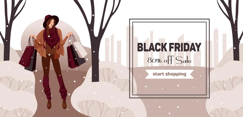 Black Friday. Bright horizontal vector banner in cartoon style, earthy shades Illustrazione stock