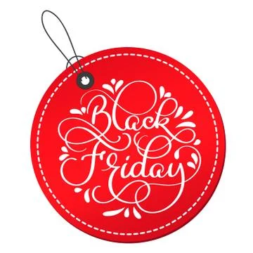 Black Friday calligraphy text on red round tag. Hand drawn lettering Vector Stock Illustration