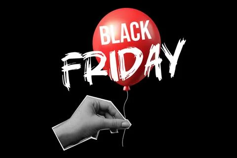 Black Friday collage, hand holding red 3D balloon, banner halftone. Vector .. Stock Illustration