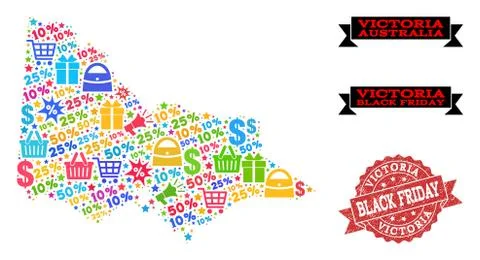 Black Friday Collage of Mosaic Map of Australian Victoria and Distress Stamp Stock Illustration