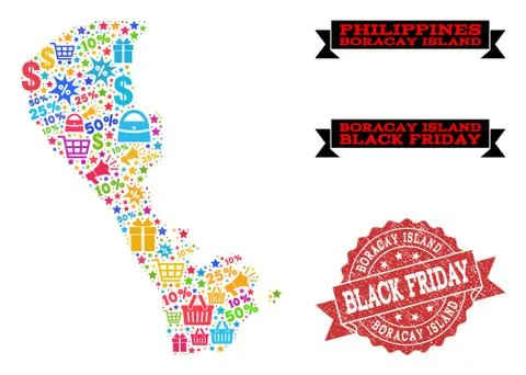 Black Friday Collage of Mosaic Map of Boracay Island and Distress Seal Stock Illustration