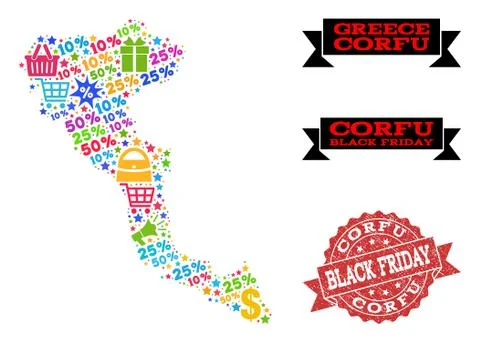 Black Friday Collage of Mosaic Map of Corfu Island and Grunge Seal Stock Illustration