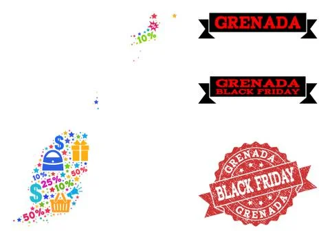 Black Friday Collage of Mosaic Map of Grenada Islands and Distress Stamp Illustrazione stock