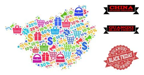 Black Friday Collage of Mosaic Map of Guangxi Province and Grunge Seal Stock-Illustration