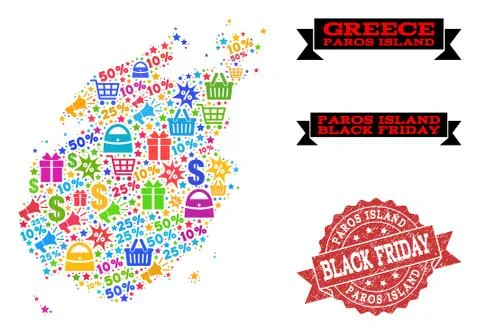 Black Friday Collage of Mosaic Map of Paros Island and Scratched Stamp 库存插图
