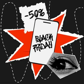 Black Friday collage, post, halftone eye banner discount and space for text.. Stock Illustration