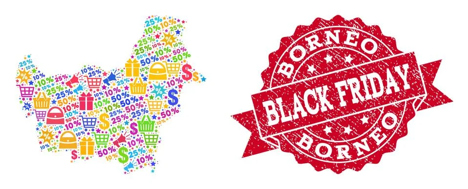 Black Friday Composition of Mosaic Map of Borneo Island and Grunge Stamp Иллюстрация