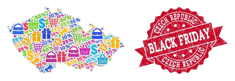 Black Friday Composition of Mosaic Map of Czech Republic and Textured Stamp Stock Illustration