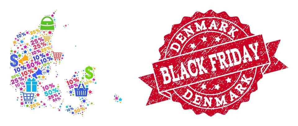 Black Friday Composition of Mosaic Map of Denmark and Distress Seal Stock Illustration