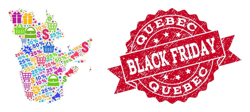Black Friday Composition of Mosaic Map of Quebec Province and Textured Stamp Stock Illustration