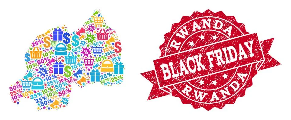 Black Friday Composition of Mosaic Map of Rwanda and Textured Stamp 스톡 일러스트