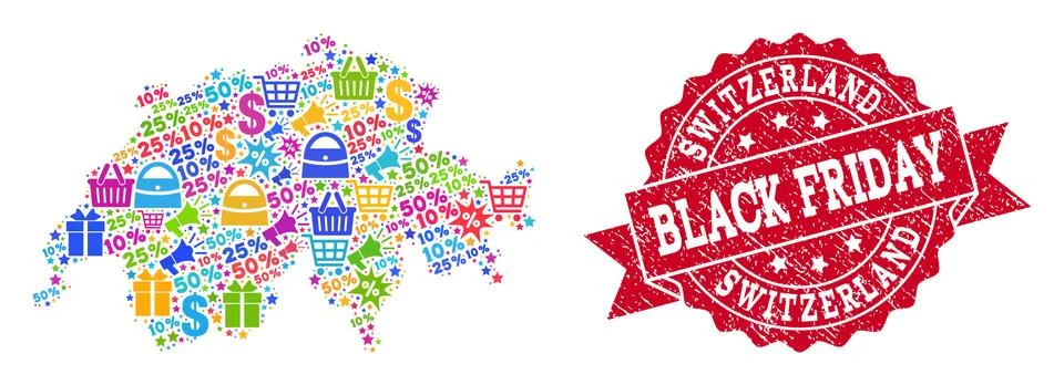 Black Friday Composition of Mosaic Map of Switzerland and Distress Stamp Stock Illustration