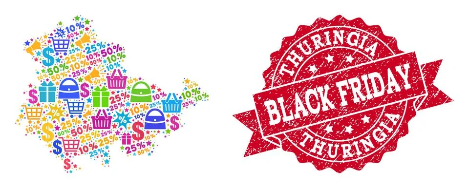 Black Friday Composition of Mosaic Map of Thuringia State and Scratched Seal Illustrazione stock