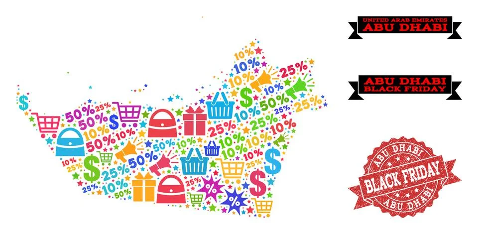Black Friday Composition of Mosaic Map of Abu Dhabi Emirate and Scratched Stamp Stock Illustration