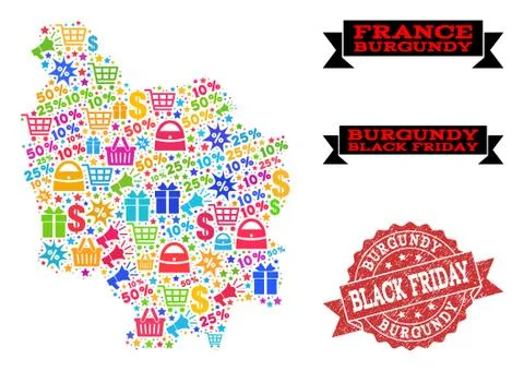 Black Friday Composition of Mosaic Map of Burgundy Province and Grunge Seal Stock Illustration