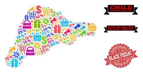 Black Friday Composition of Mosaic Map of Easter Island and Grunge Seal Stock Illustration