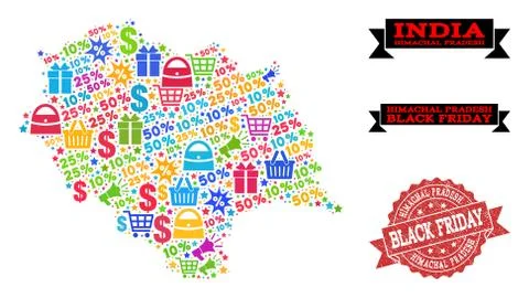 Black Friday Composition of Mosaic Map of Himachal Pradesh State and Textured Stock Illustration
