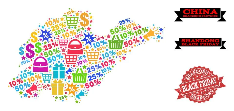 Black Friday Composition of Mosaic Map of Shandong Province and Textured Stamp Stock Illustration