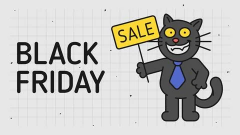 Black friday concept black cat holds sign saying sale and smiles Stock Illustration
