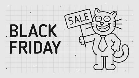Black friday concept doodle black cat holds sign saying sale and smiles Stock Illustration