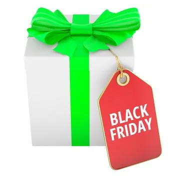 Black Friday concept with gift box and tag. 3D rendering Stock Illustration