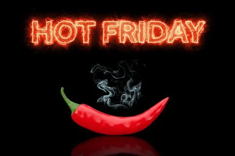Black Friday Concept. Hot Friday Sign in Fire with Red Chili Pepper. 3d Rende Stock Illustration