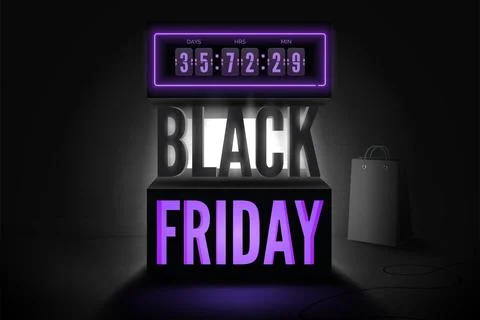 Black friday countdown vector banner template with neon and shopping bag Illustrazione stock