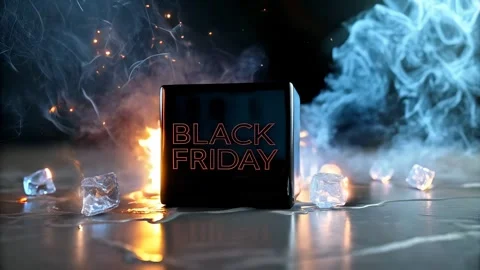 Black Friday Cube Surrounded by Dynamic Fire and Ice Effects Stock Footage 293584788